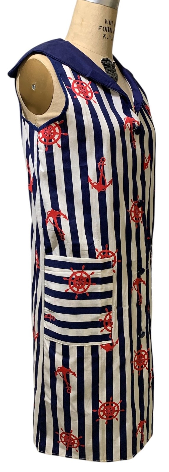 Vintage 60s/70s Women’s Nautical Print Striped Sailor Collar Shift Dress Sz M/L