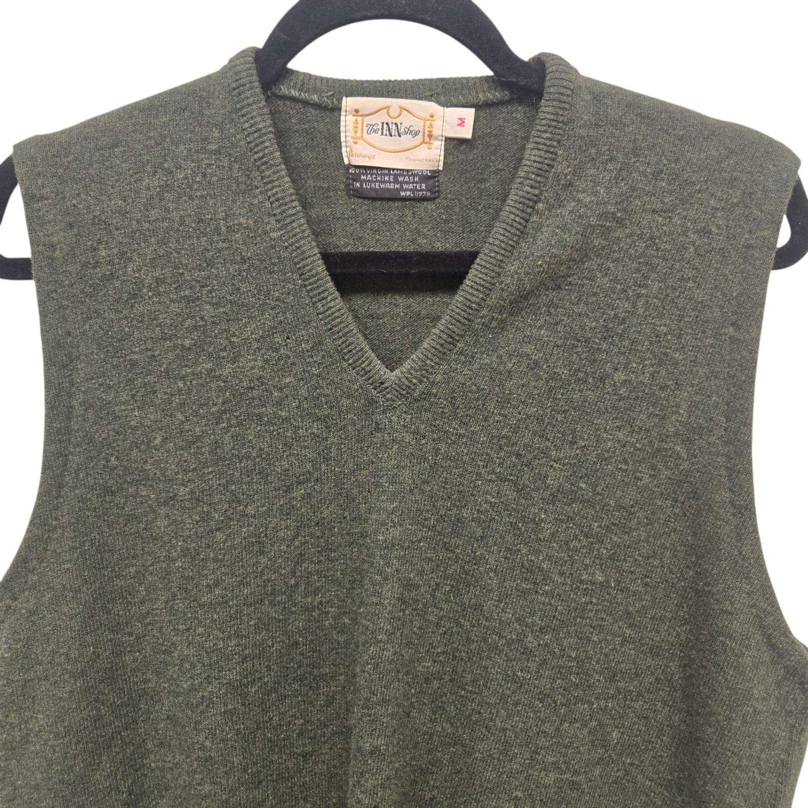 Vintage Penneys Towncraft Olive Green Lambswool V-Neck Sweater Vest Mens Medium