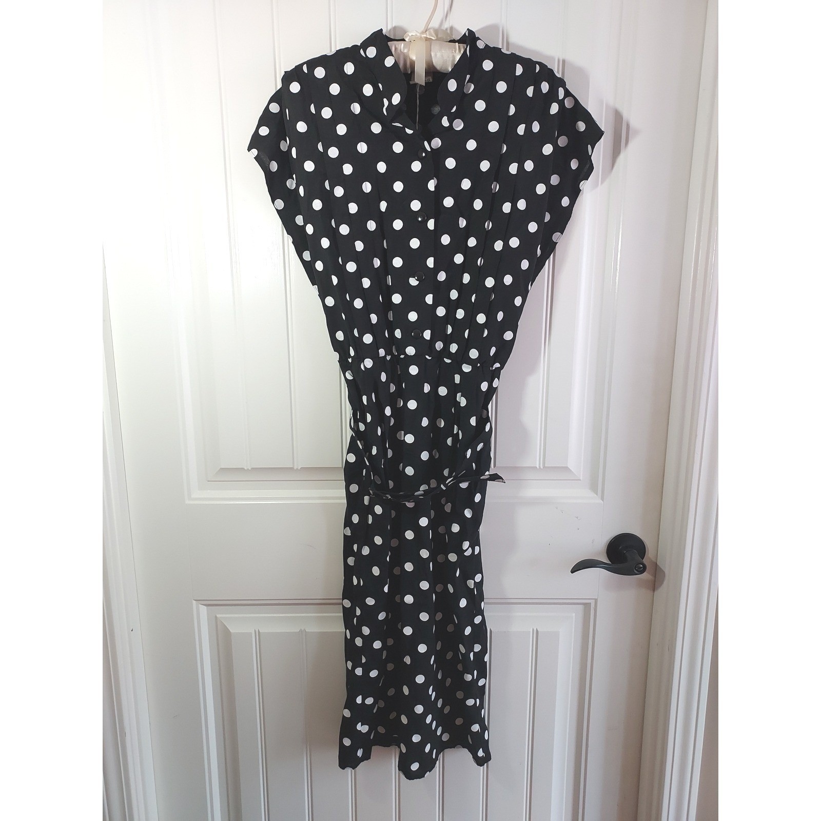 Vintage 80s Polka Dot Midi Dress Black White Pleated Shoulder Short Sleeve S Med