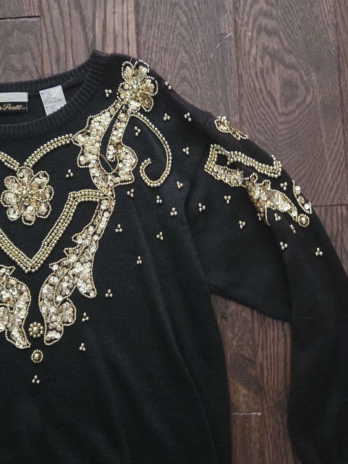 🍾Vintage Dana Scott Black Gold Sequin Beaded Sweater Medium Ramie Glam Holiday
