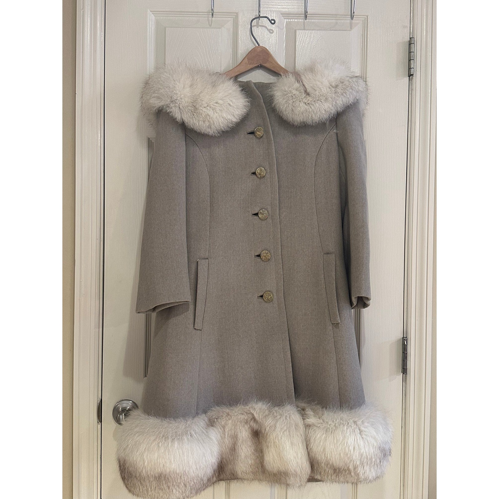 Vintage Saks Fifth Avenue Wool Coat Fur Trim Collar Hem Gold Button Taupe Grey
