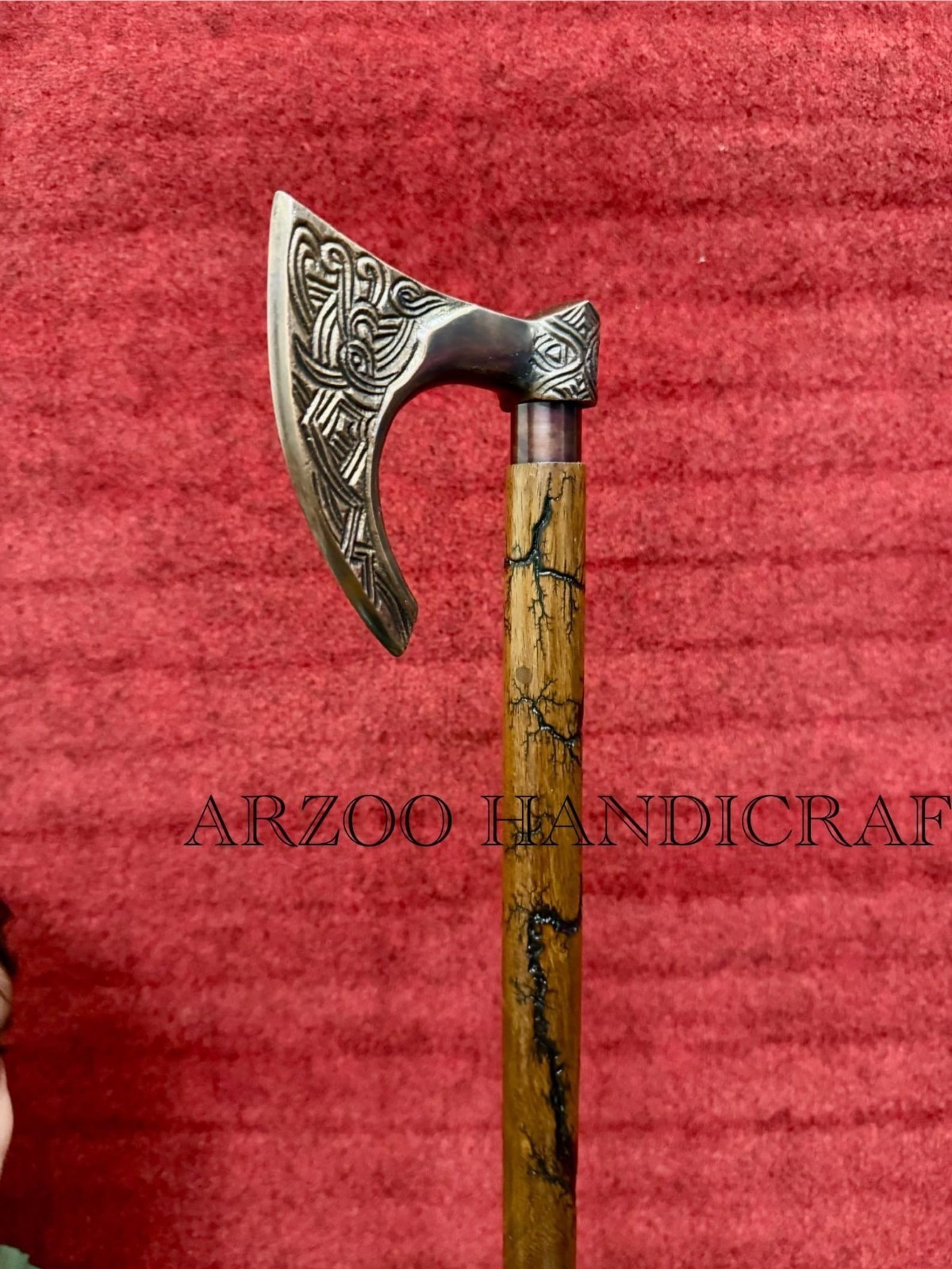 Viking Axe Head Handle 3 Fold Wooden Walking Stick Carved Cane Decor Gift Item
