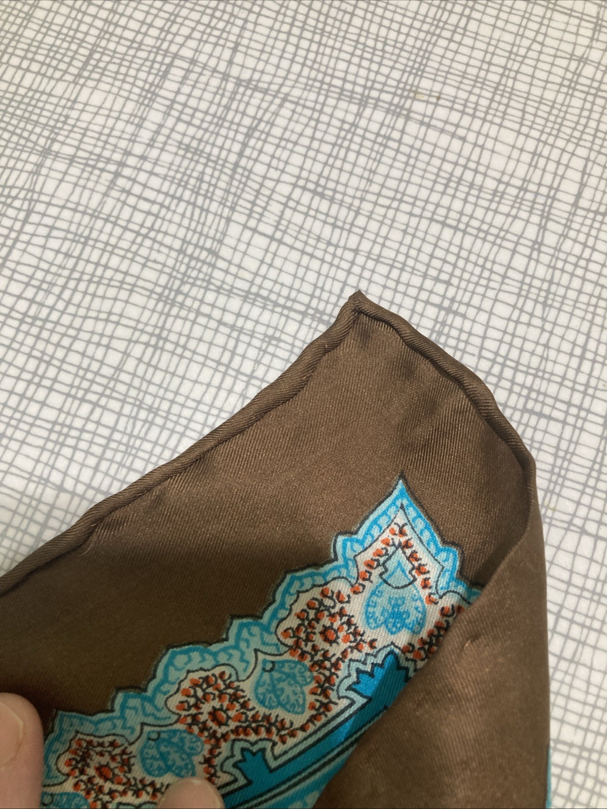 VTG 70s GLENTY Geometric Paisley Silk Scarf Blue Brown Hand Rolled Edge 22.5”
