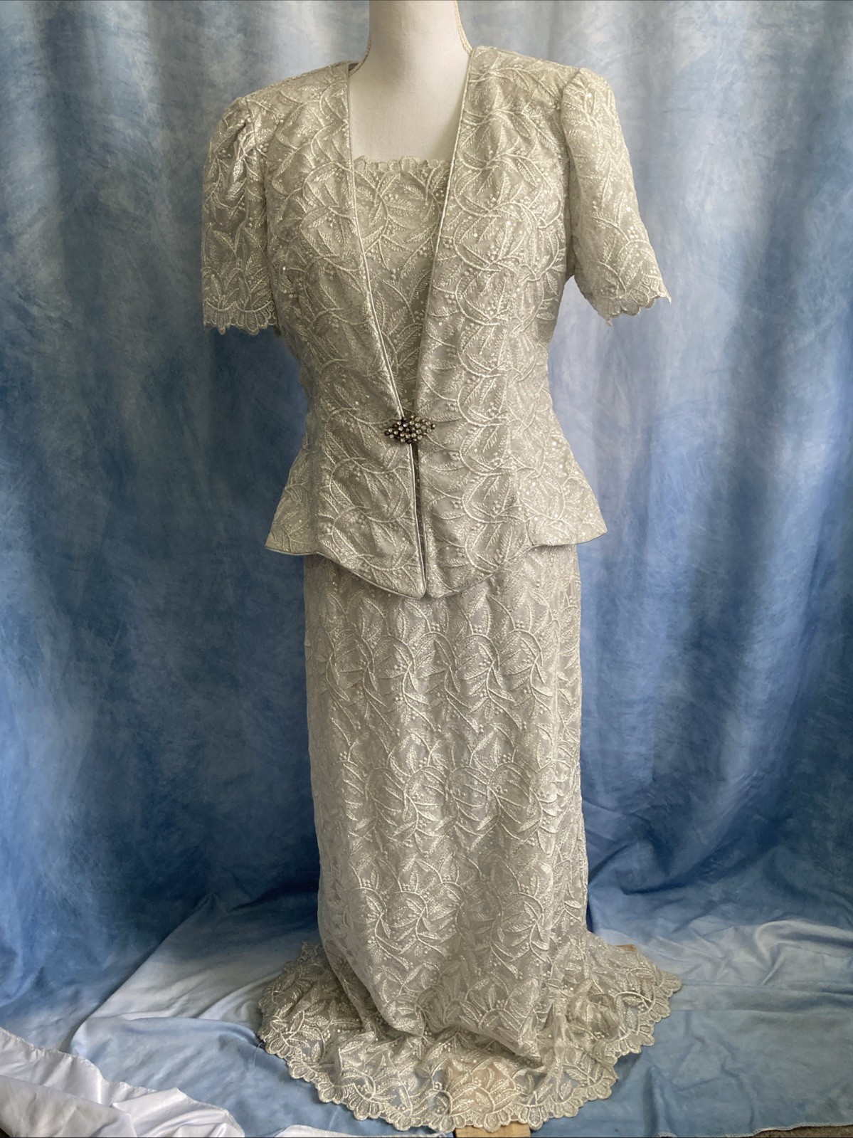 VTG 80s ASPEED USA Silver Lace Dress Jacket Set 2pc Formal Gown Prom Wedding Med