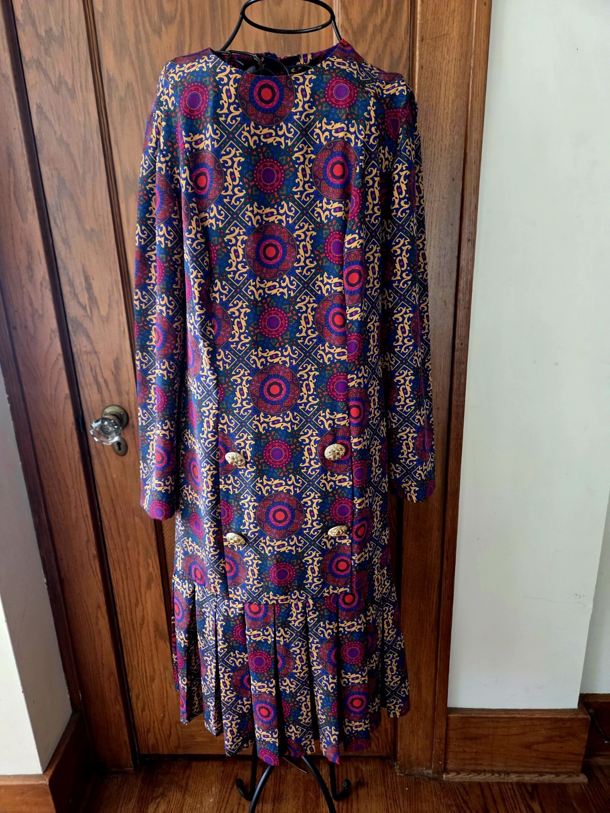 Leslie Fay Vintage 1980s Drop Waist Ruffle Geometric Polyester Satin Dress Sz 8