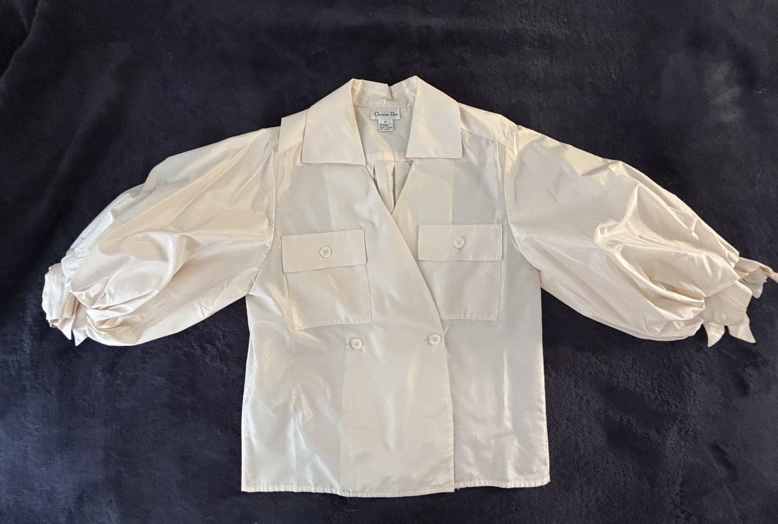 Christian Dior Couture Vintage Bow Tie Puff Sleeve Silk Blouse Top CD Sz 6