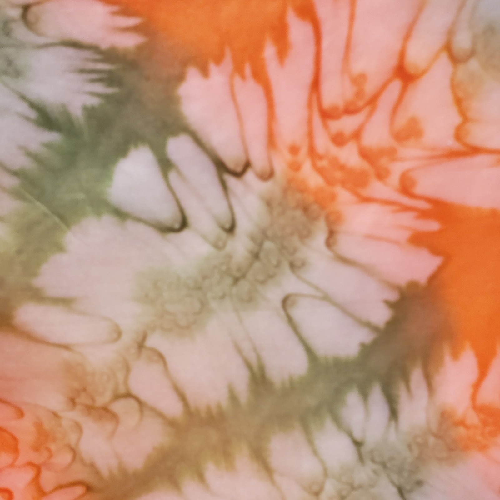 Silk Scarf Orange, Green, Signed Hand Dyed Tie Dye Art to Wear 35.5” x 35” EUC