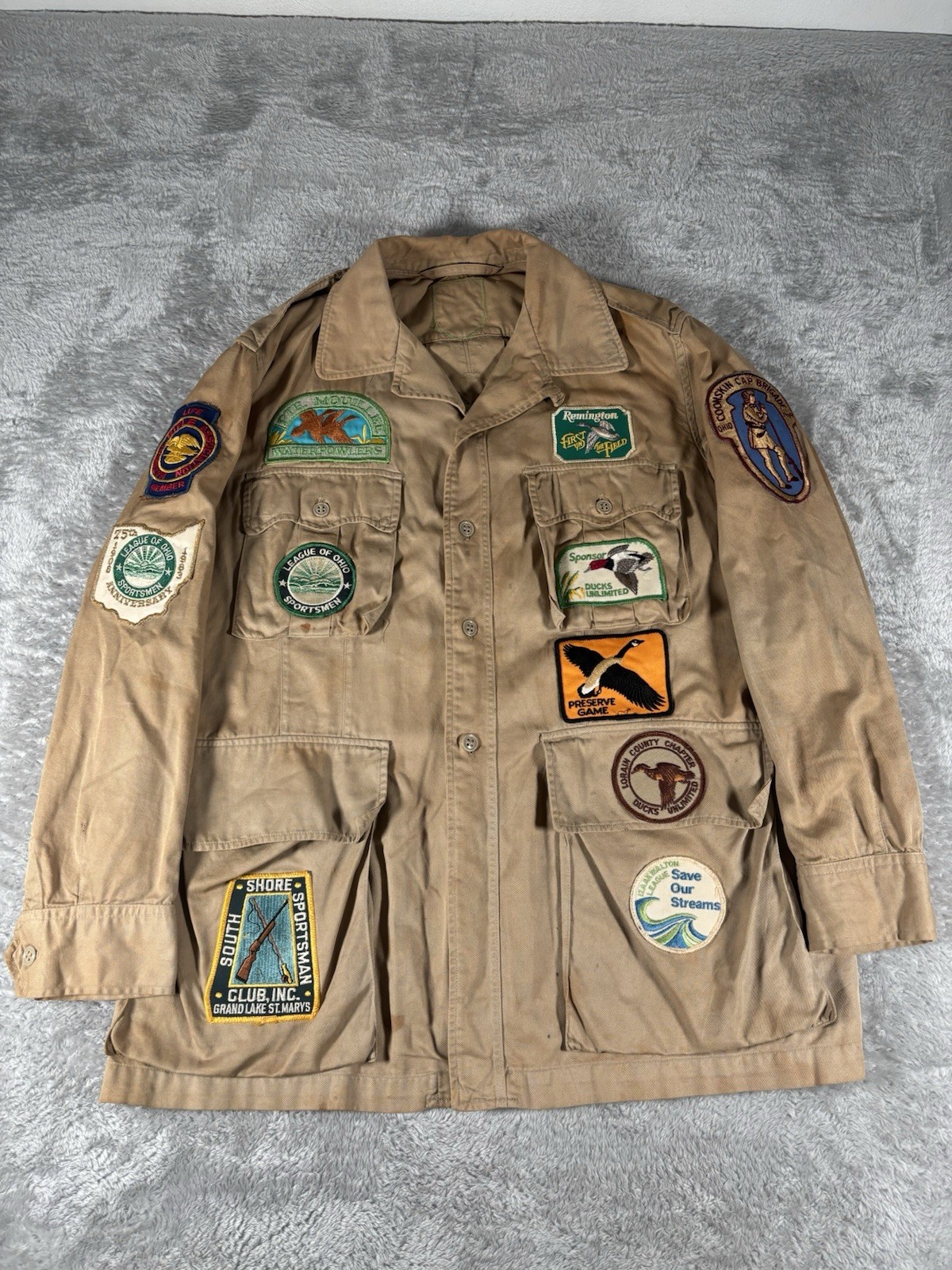 VTG Tropical Jacket Safari 1950s Size 42R Khaki Military Hunting Patched Out
