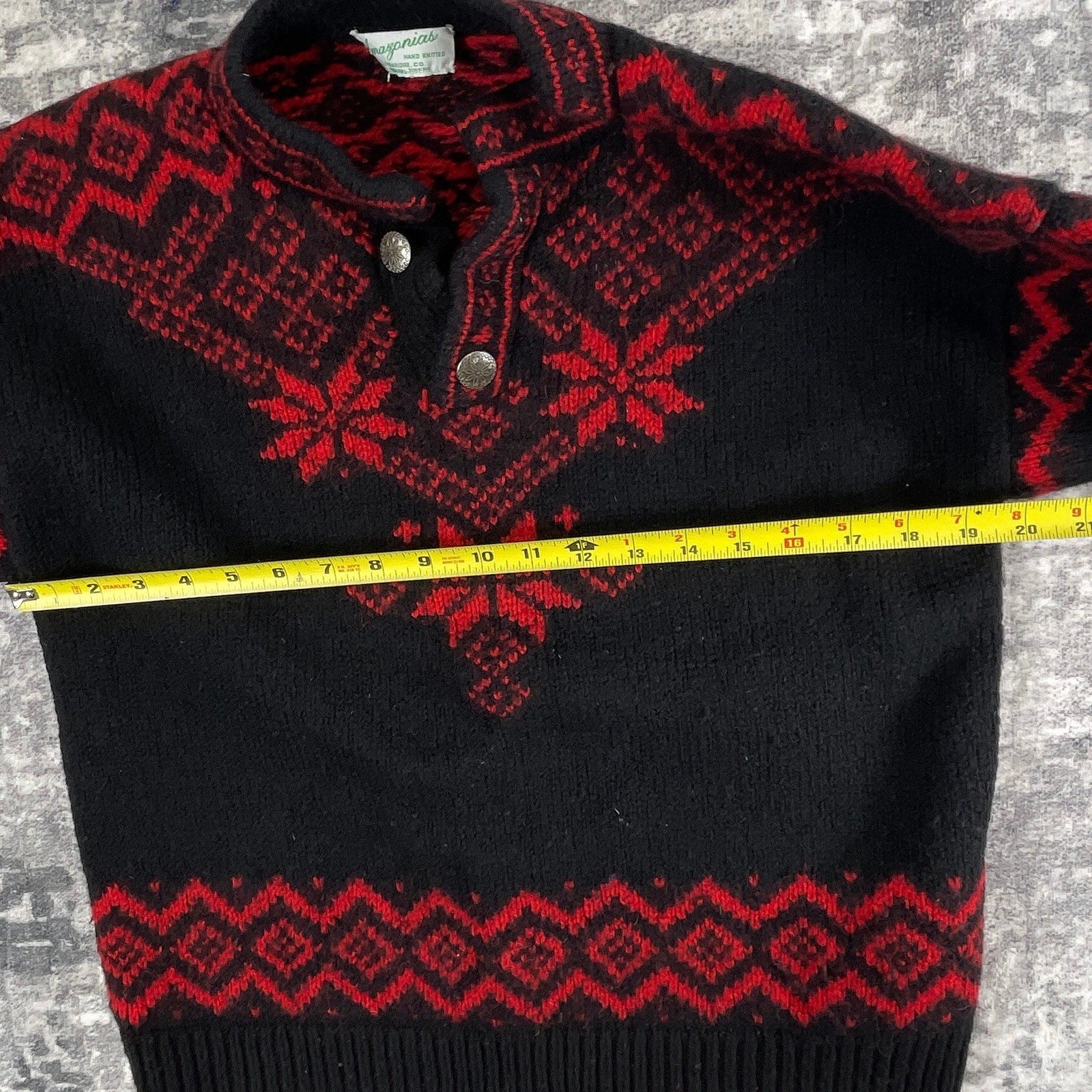 Vtg Amazonias Small Wool Knit Cardigan Nordic Fair Isle Geometric Red Black