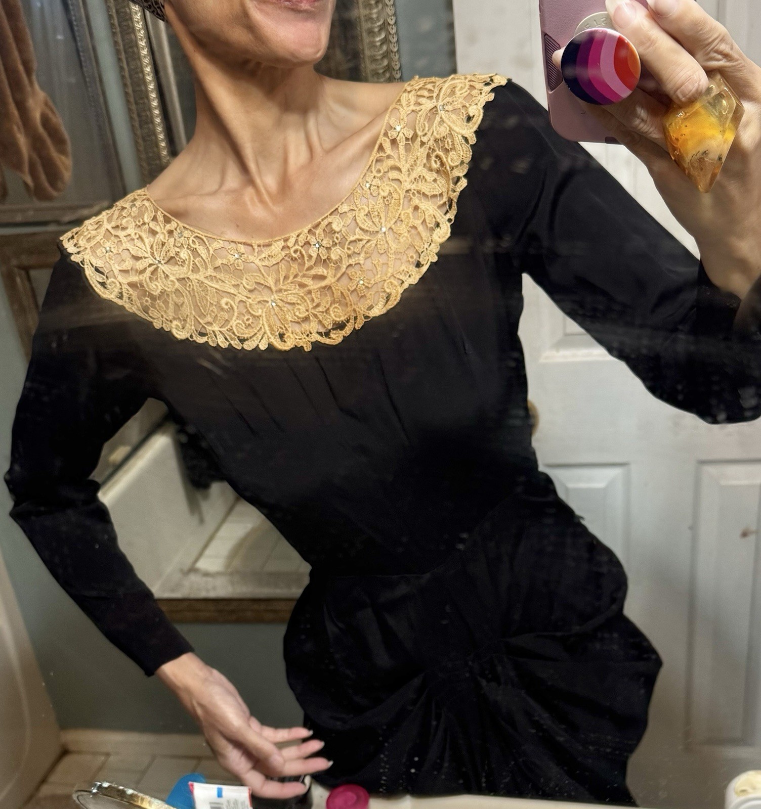 Vtg 1940s Rayon Draped Bustle Dress Black Off White Lace Rhinestones Bombshell