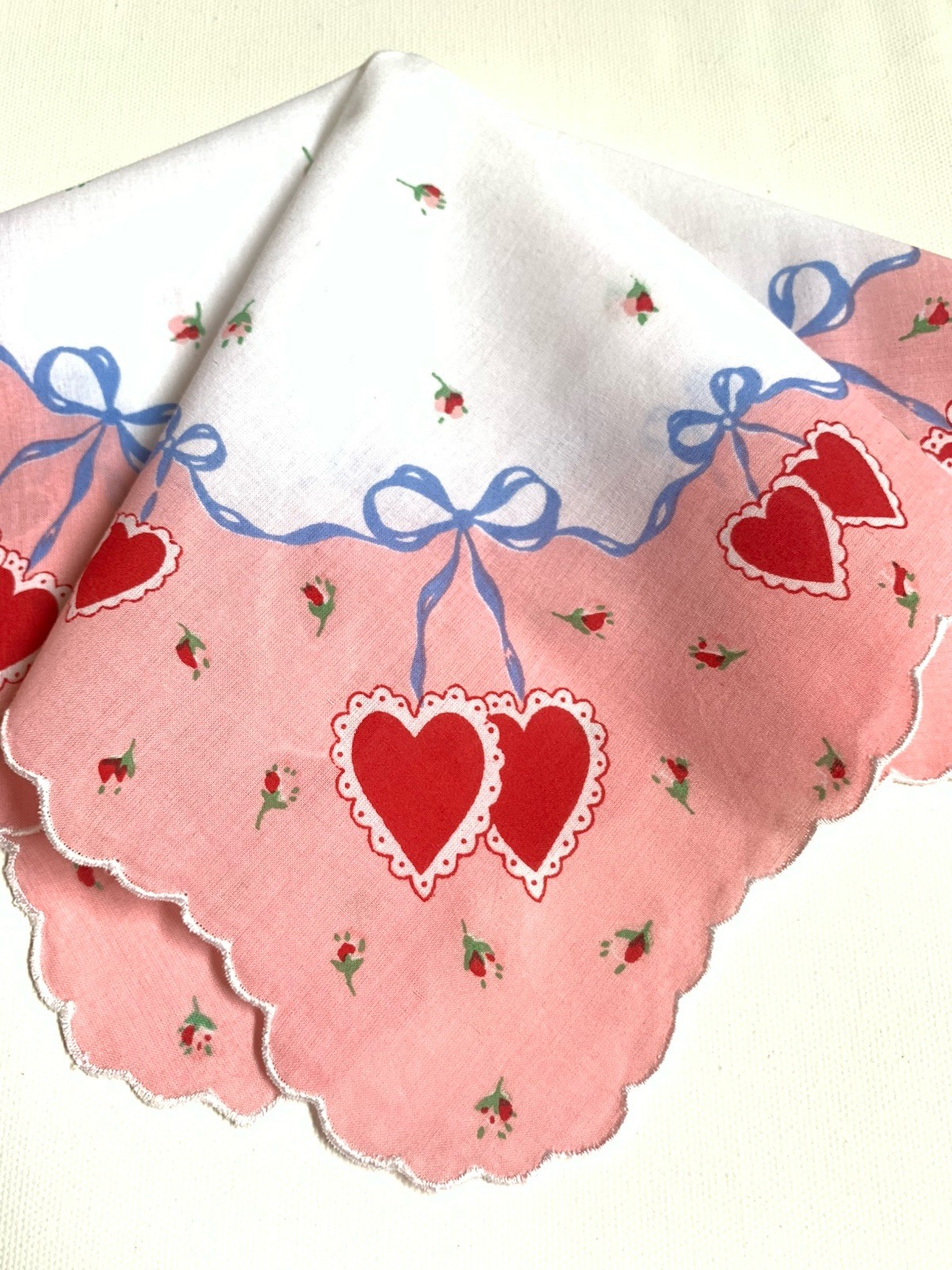Darling Red Double Heart Valentine Handkerchief ~ Cotton ~ New LuRay Hankie