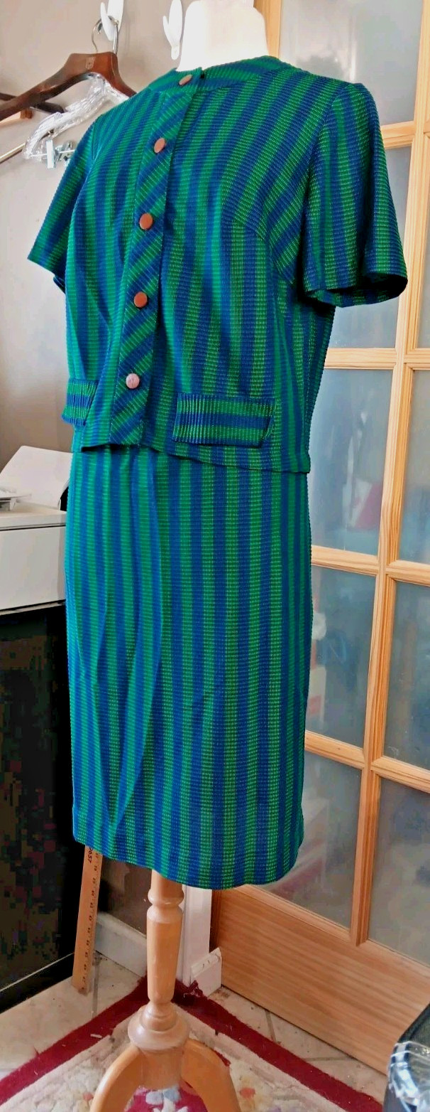 Vintage 60s Mod 2 Piece Set Skirt Carol Brent Blue Green Striped Amazing Sz L?