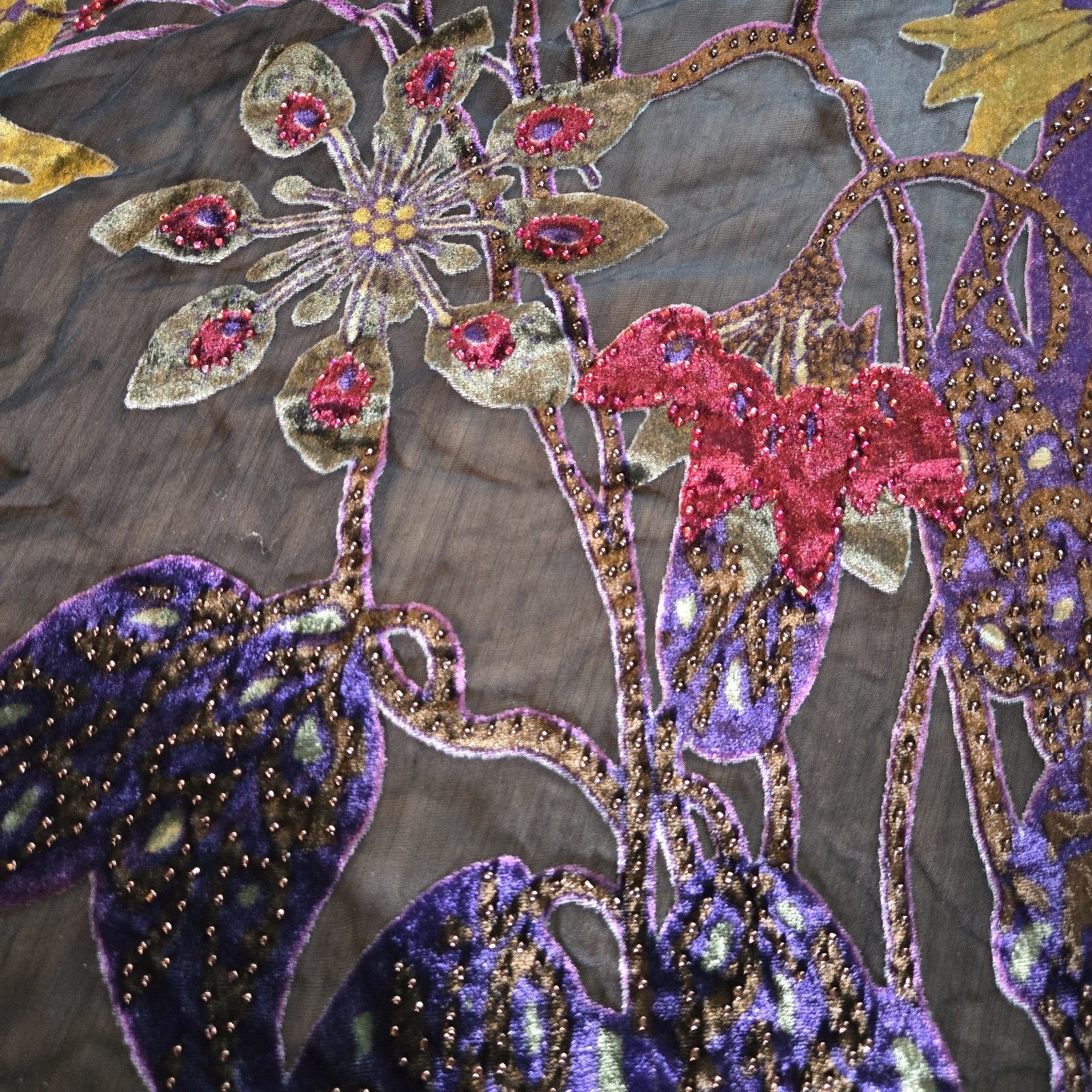 Sheer Y2K Silk Velvet Burnout Figures Beaded Fringe Festival Scarf Vintage 90s