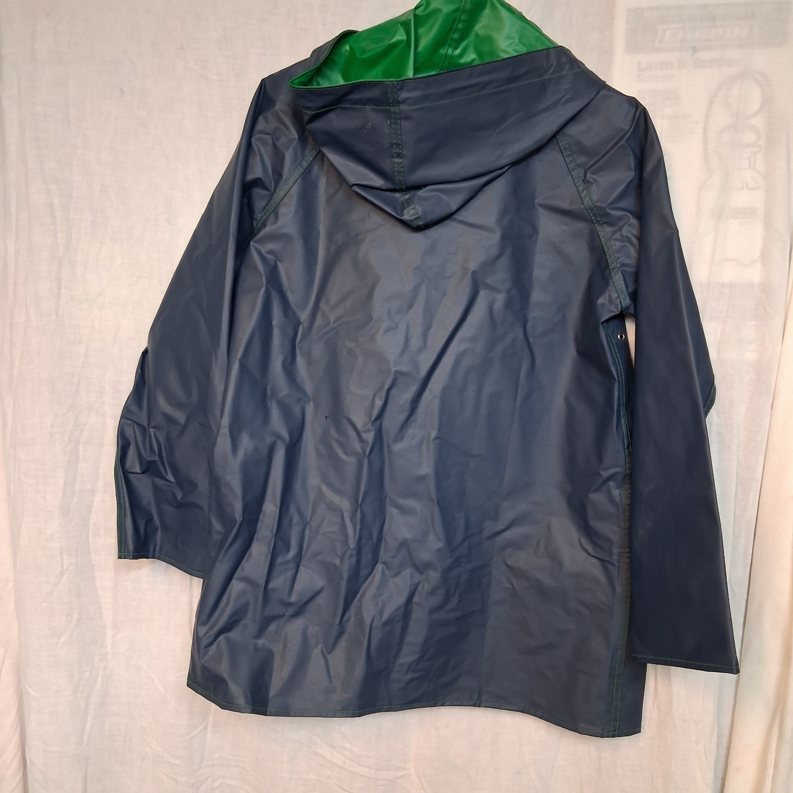 Vintage SMALL Rain coat reversible blue and green button up small flaw see pics