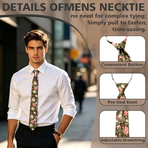 Mens Ties 3.15″ Pre-tied Adjustable Necktie Printed Fashion Neck Tie Green Rose