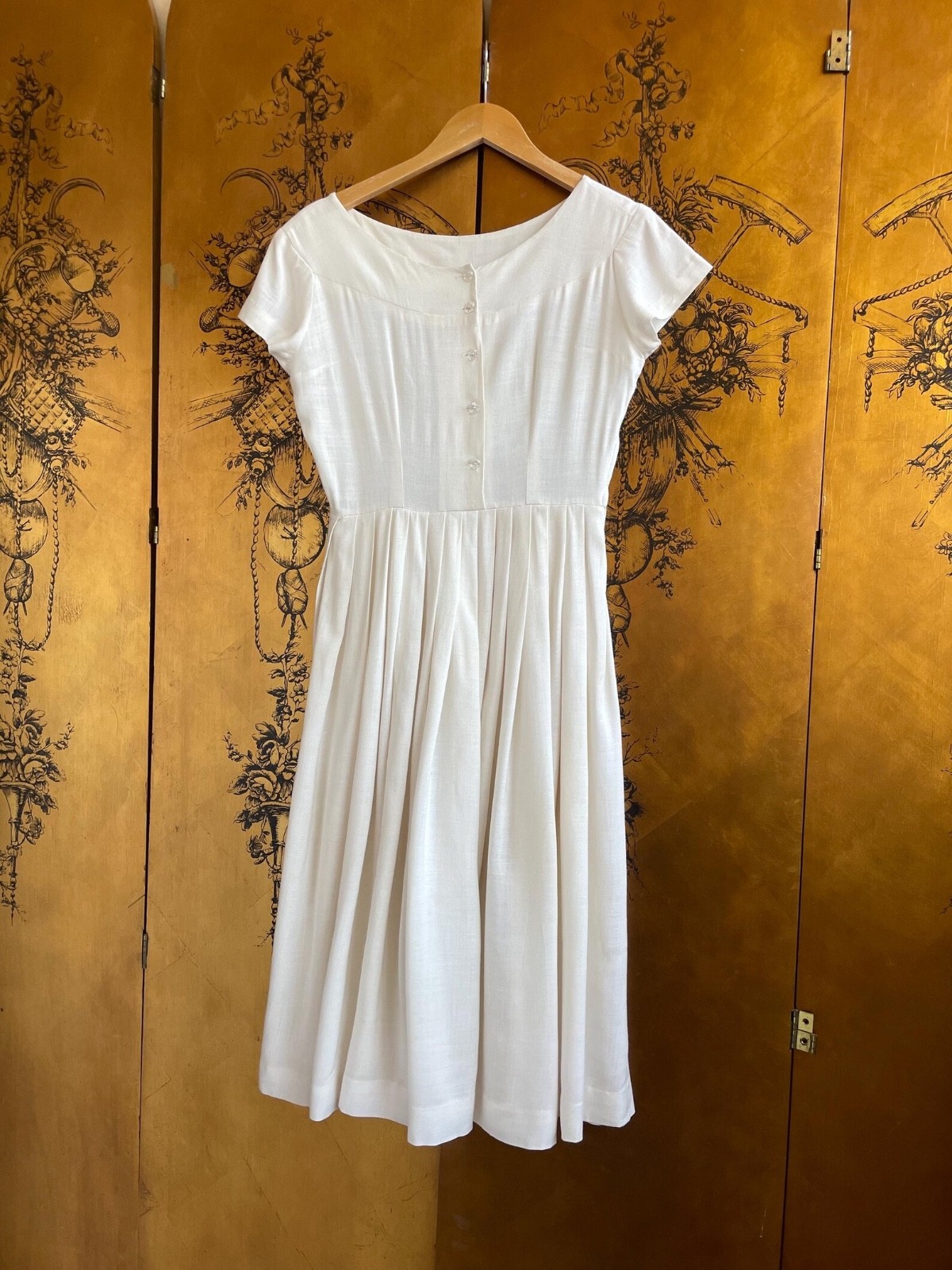 Vintage 1950s Dress Linen Ivory Full Skirt Shirtfront Pleated S