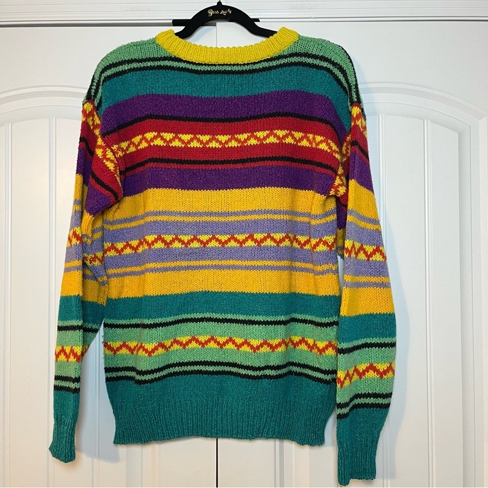 Vintage 80s Colorful Striped Sweater Geometric Granola Cabin Knit Chunky Small