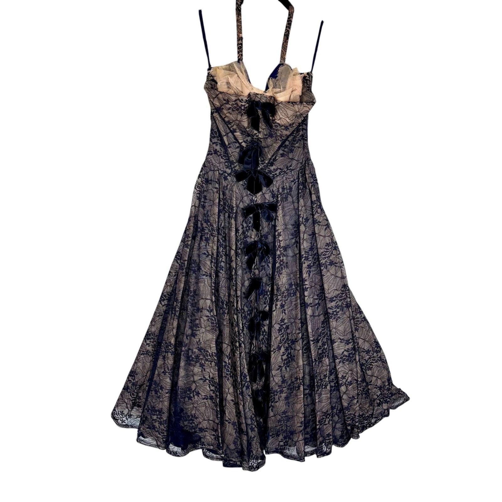 Vintage 1950s Navy Pink Floral Net Lace Tulle Halter Party Dress Velvet Bows