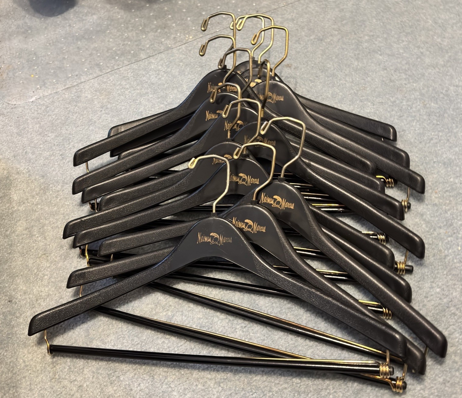 Vtg Neiman Marcus Black Plastic Suit Hangers Gold Logo Metal PRICE PER HANGER