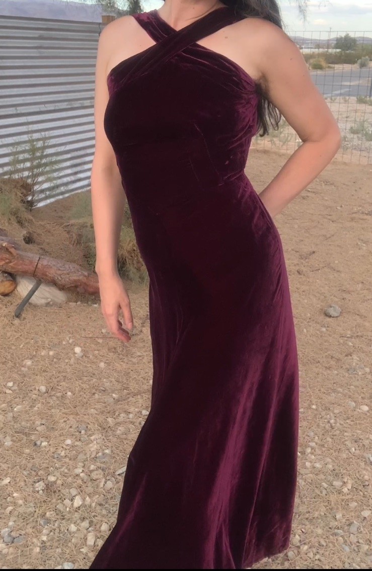 Antique 1930s Merlot Silk Velvet Gown With Criss Cross Halter Neckline