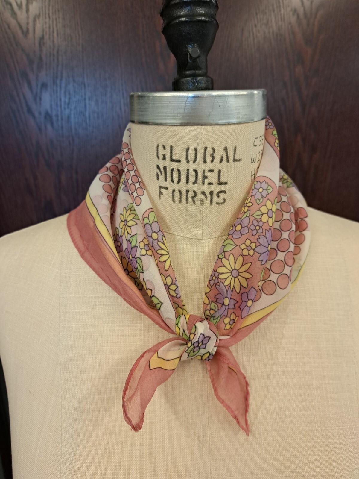 Vintage Pastel Floral Headscarf, 20 Inches Square. Synthetic Fiber.