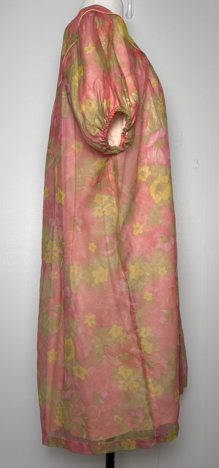 Vtg 60s Sheer Hostess Robe M Dreamy Floral Pink Yellow Puff Sleeve Lounge