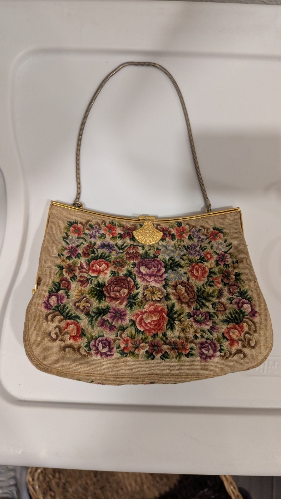 Vintage Needlepoint Floral Purse France