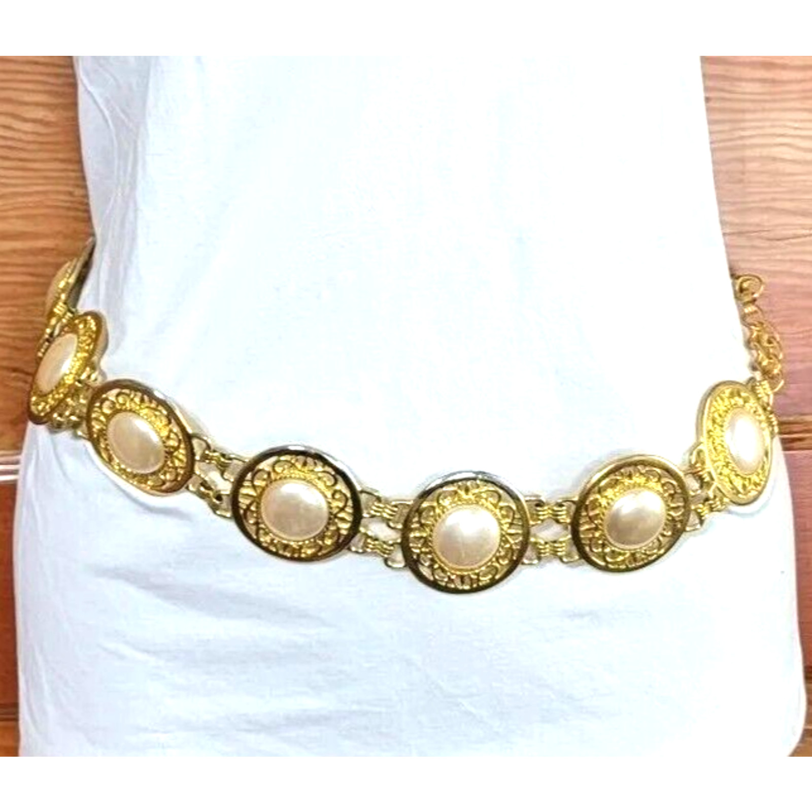 Vintage Harwill NY Ornate Faux Pearl & Gold-tone Adjustable Belt, 1980s Runway
