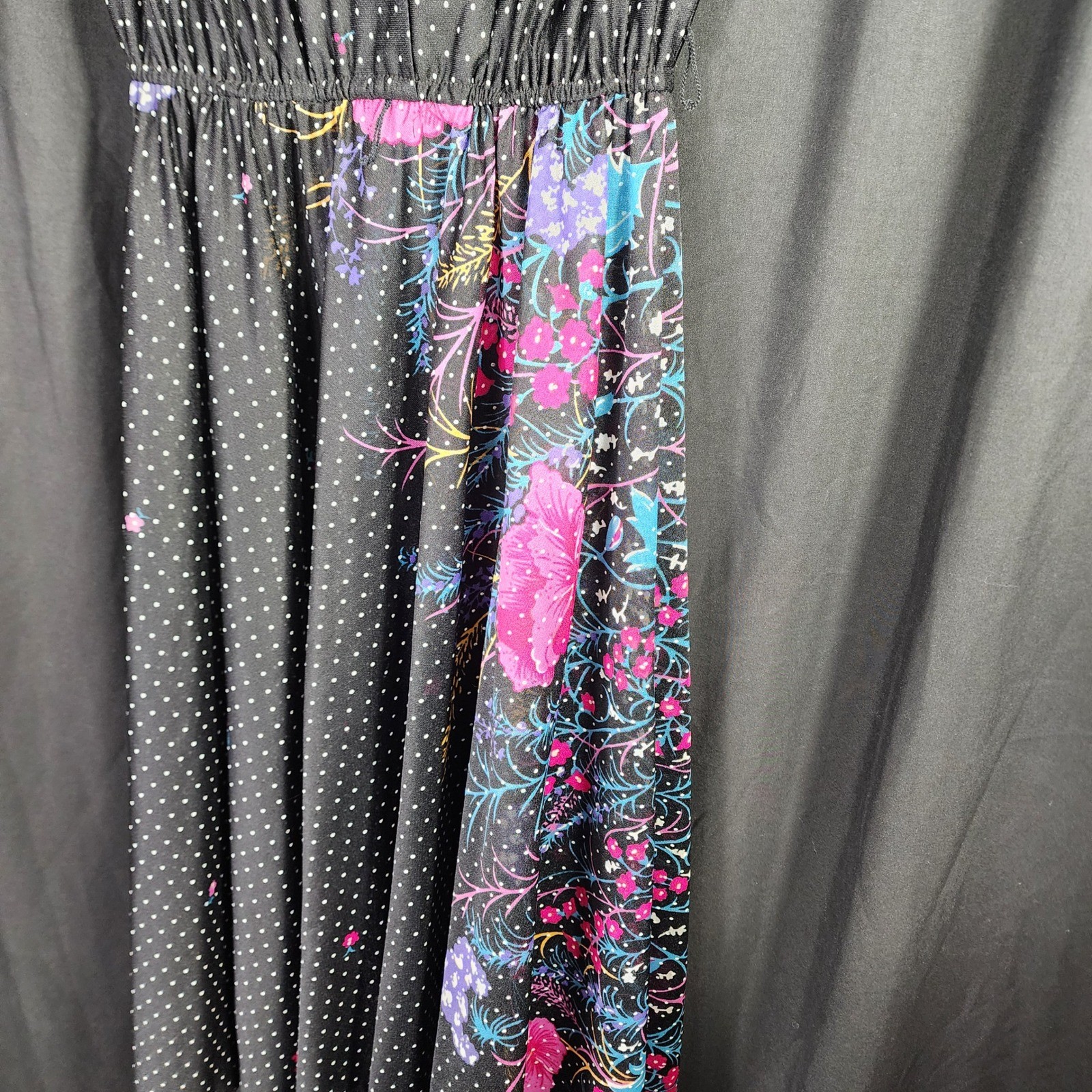 Black Polka Dot Floral Midi Dress Sleeveless Button Up Elastic Waist Grandmacore