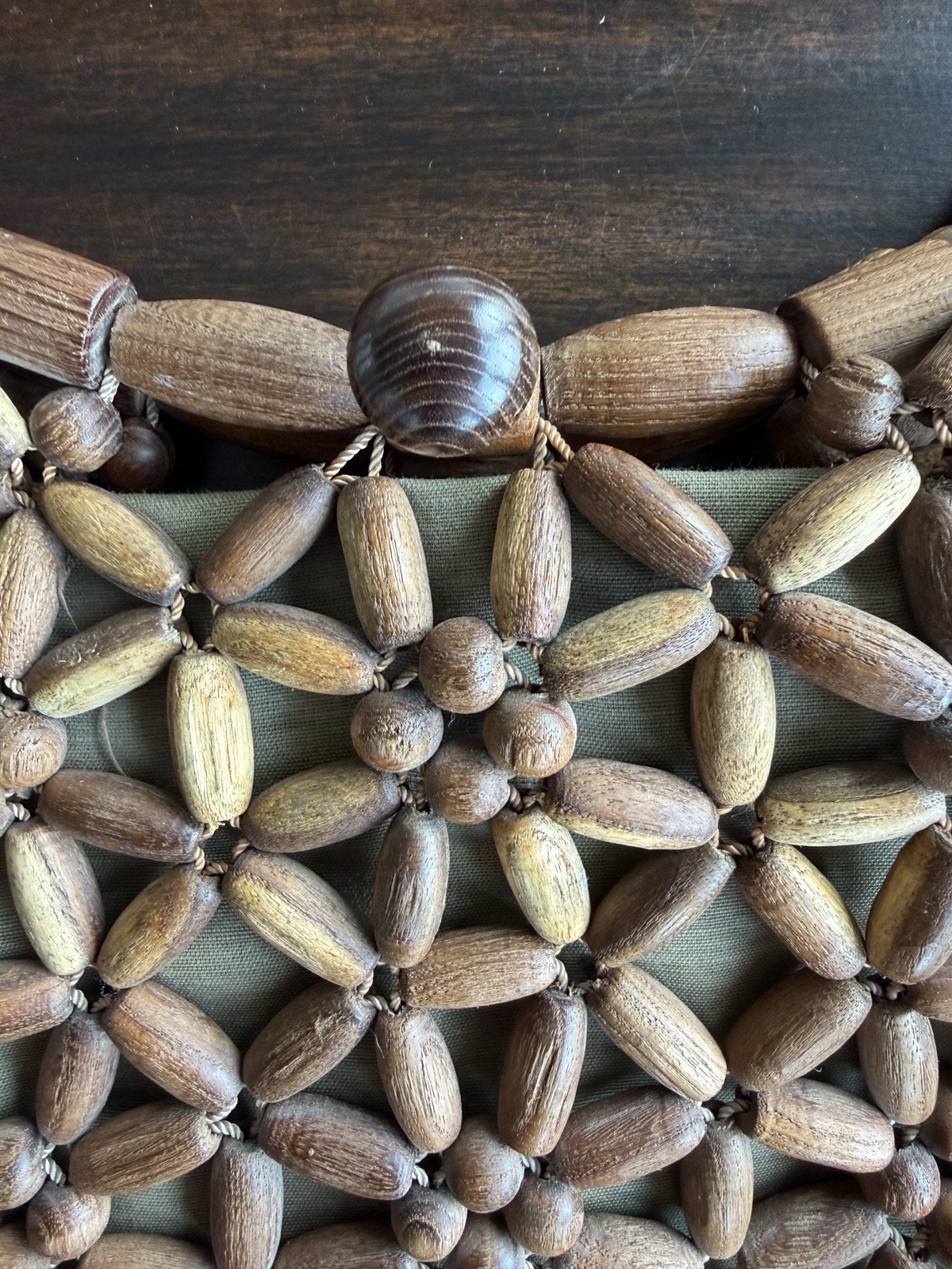 Vintage Wooden Bead Hobo Handbag Retro Boho Beaded Hand Crafted Purse Starburst