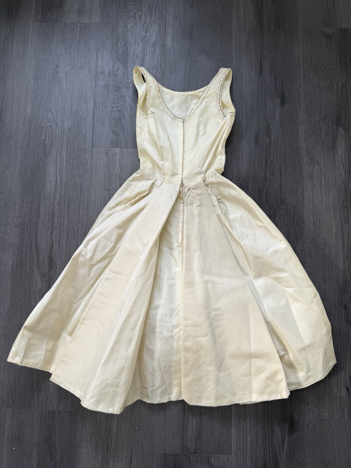 Vintage 1950s Bone Color Fit & Flair Beaded Dress X-SMALL