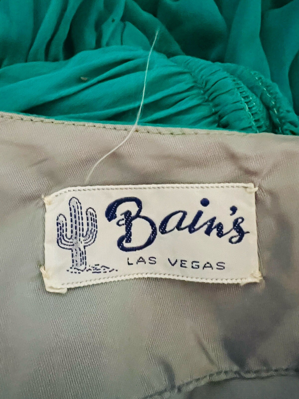 VTG 50s Emerald Green Cocktail Dress Bains Las Vegas Rhinestone Spaghetti Straps