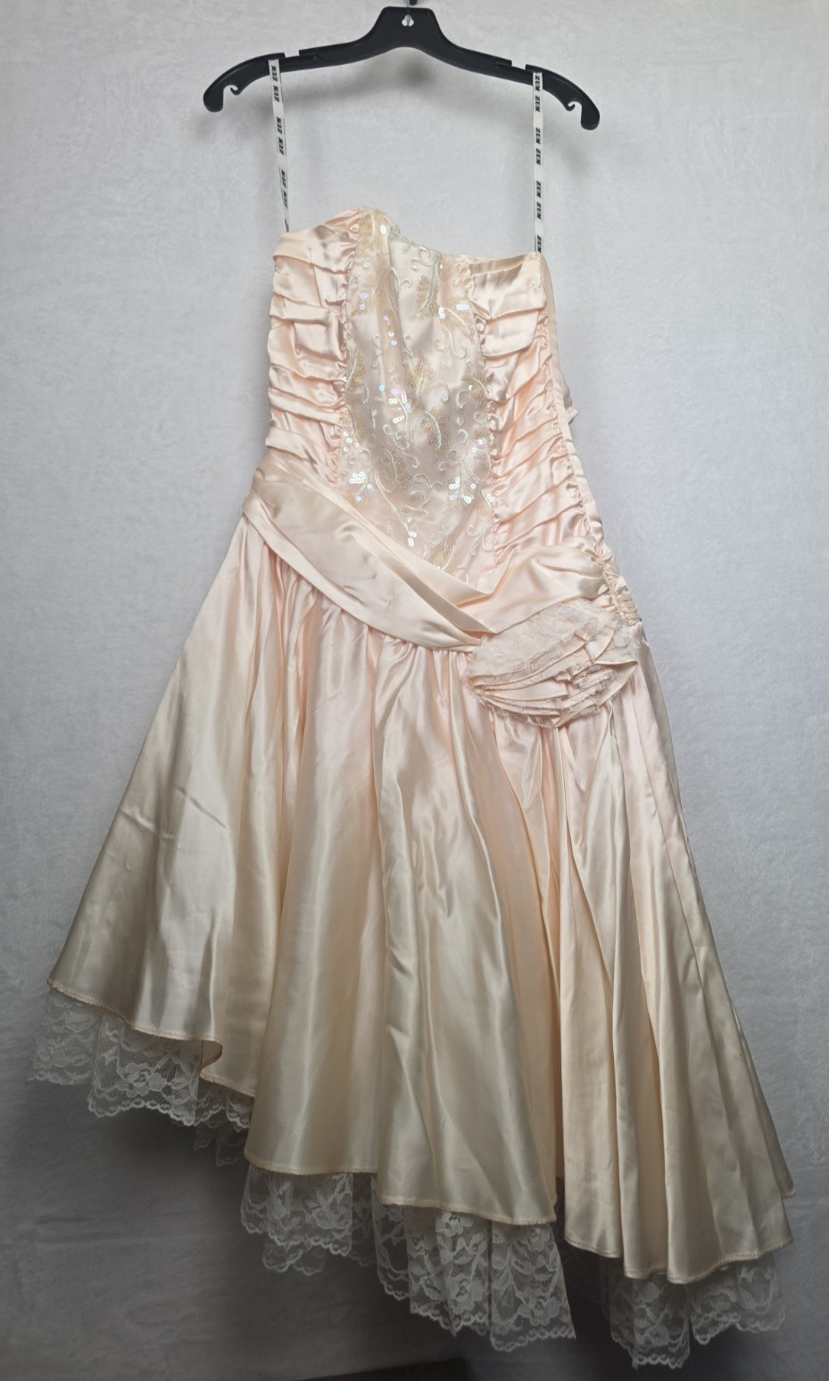 VTG 80s Zum Zum Pink Lace Jacquard Strapless Corset Prom Dress Asymmetrical Tier