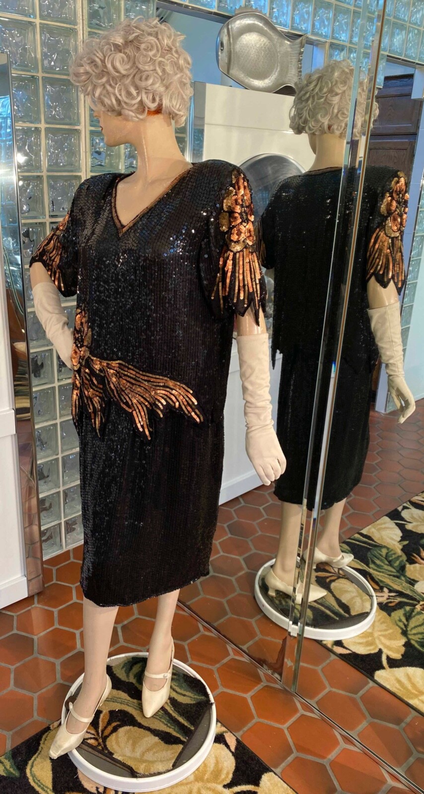 VTG 100% SILK Flapper Gatsby Dress Black Sequin set Skirt & Top size ML