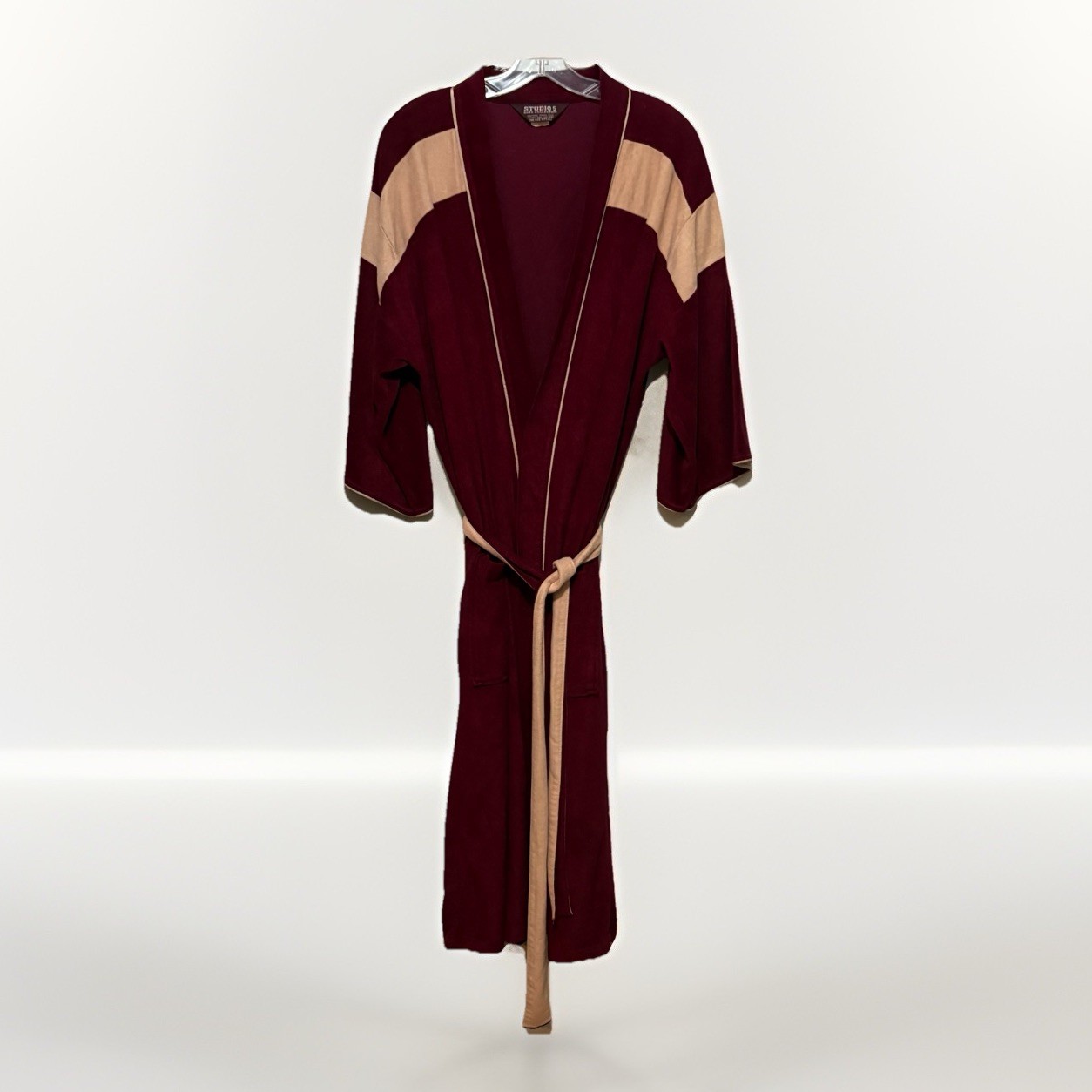 VTG Studio 5 Rose Collection Robe Burgundy Tan Trim OSFA Belted Lounge Bathrobe