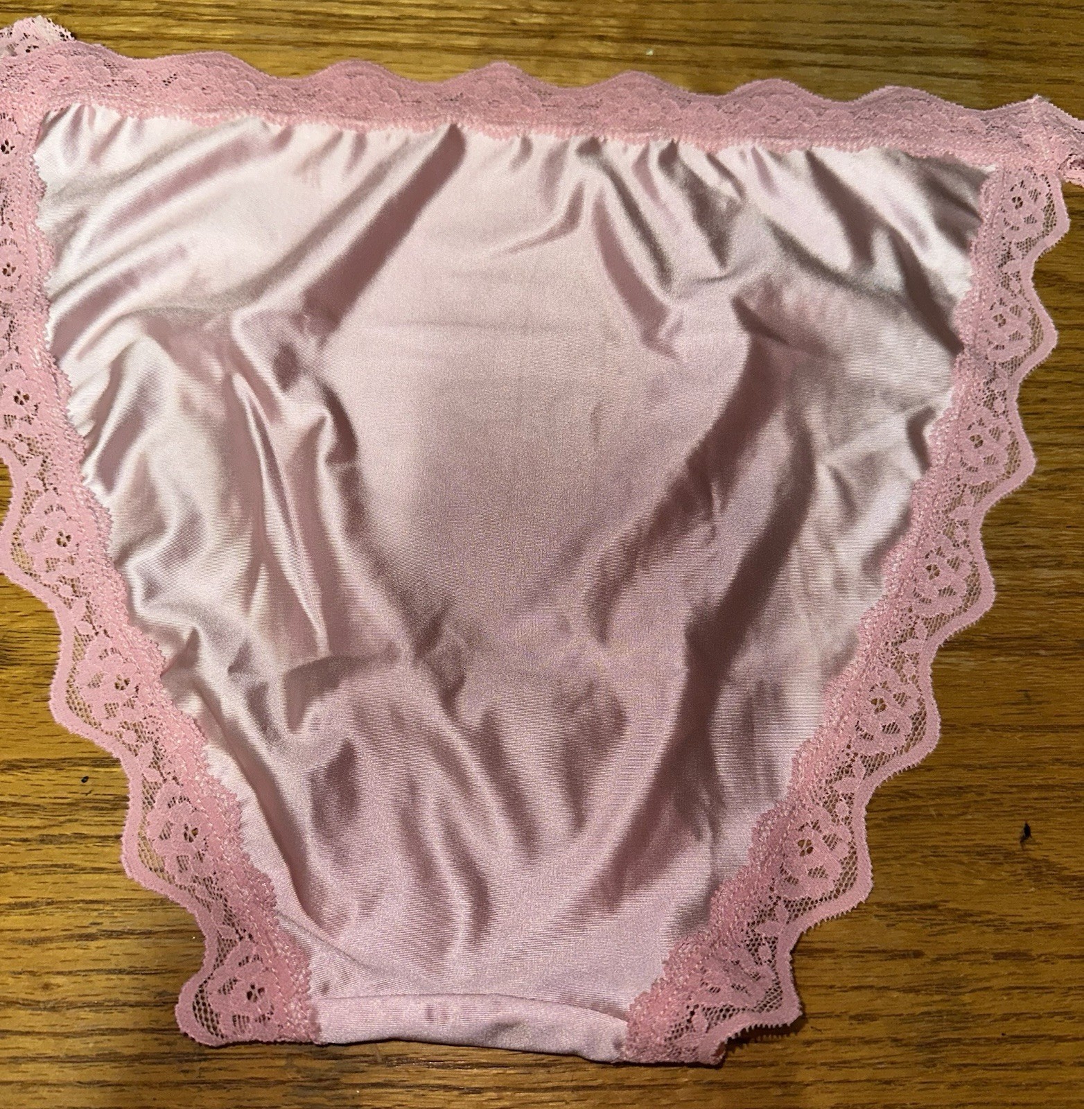Glossy Pink 2nd Skin Satin & Lace Buttery Soft String Bikini Pantie XL NEW