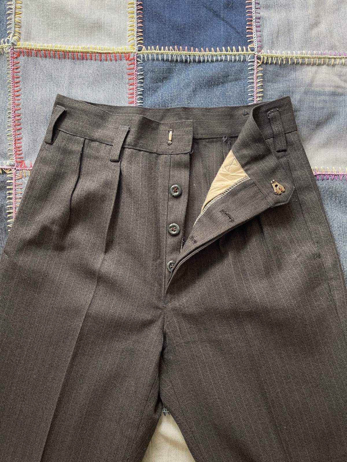 Vintage 30s 40s Striped Button Fly Trousers Size 25×27 Black Drop Loop Pants USA