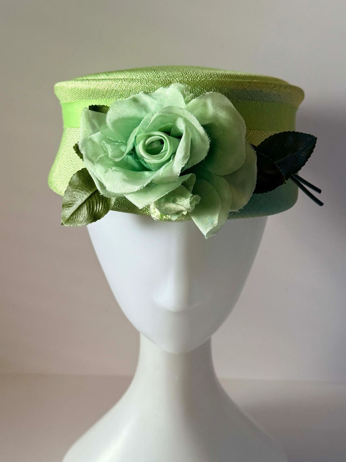 Vintage Mint Green Pillbox Hat 1960s Satin Floral Cocktail Hat Spring Wedding