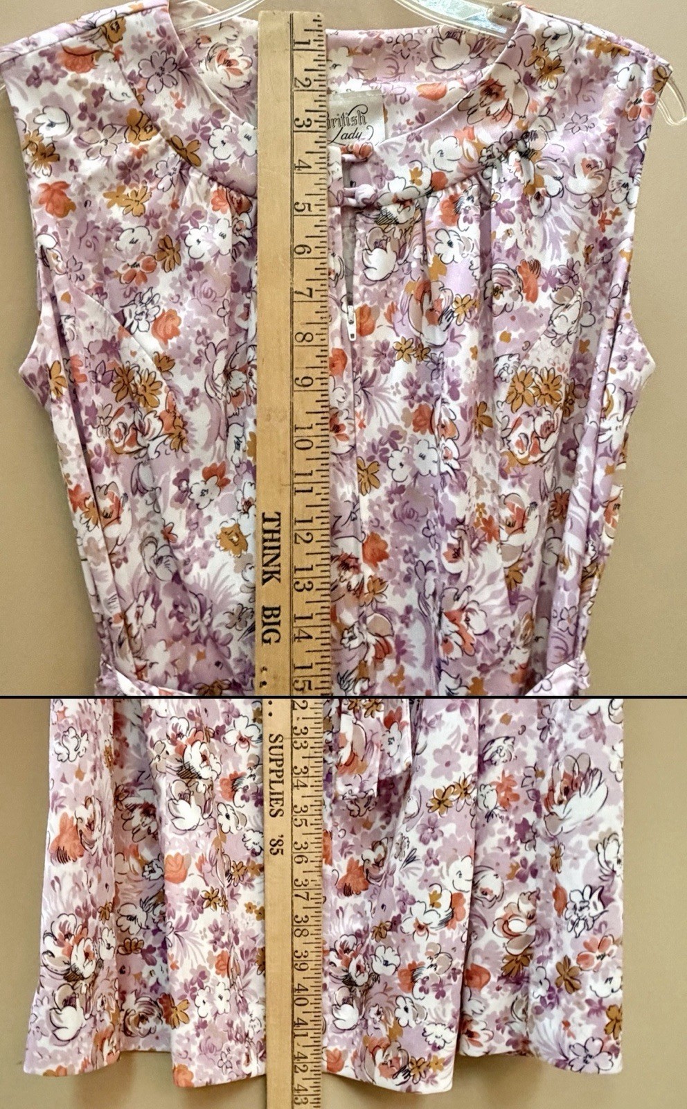 Vtg British Lady 1970s Floral Zip-Belted Sleeveless Retro Cottage Chic Day Dress