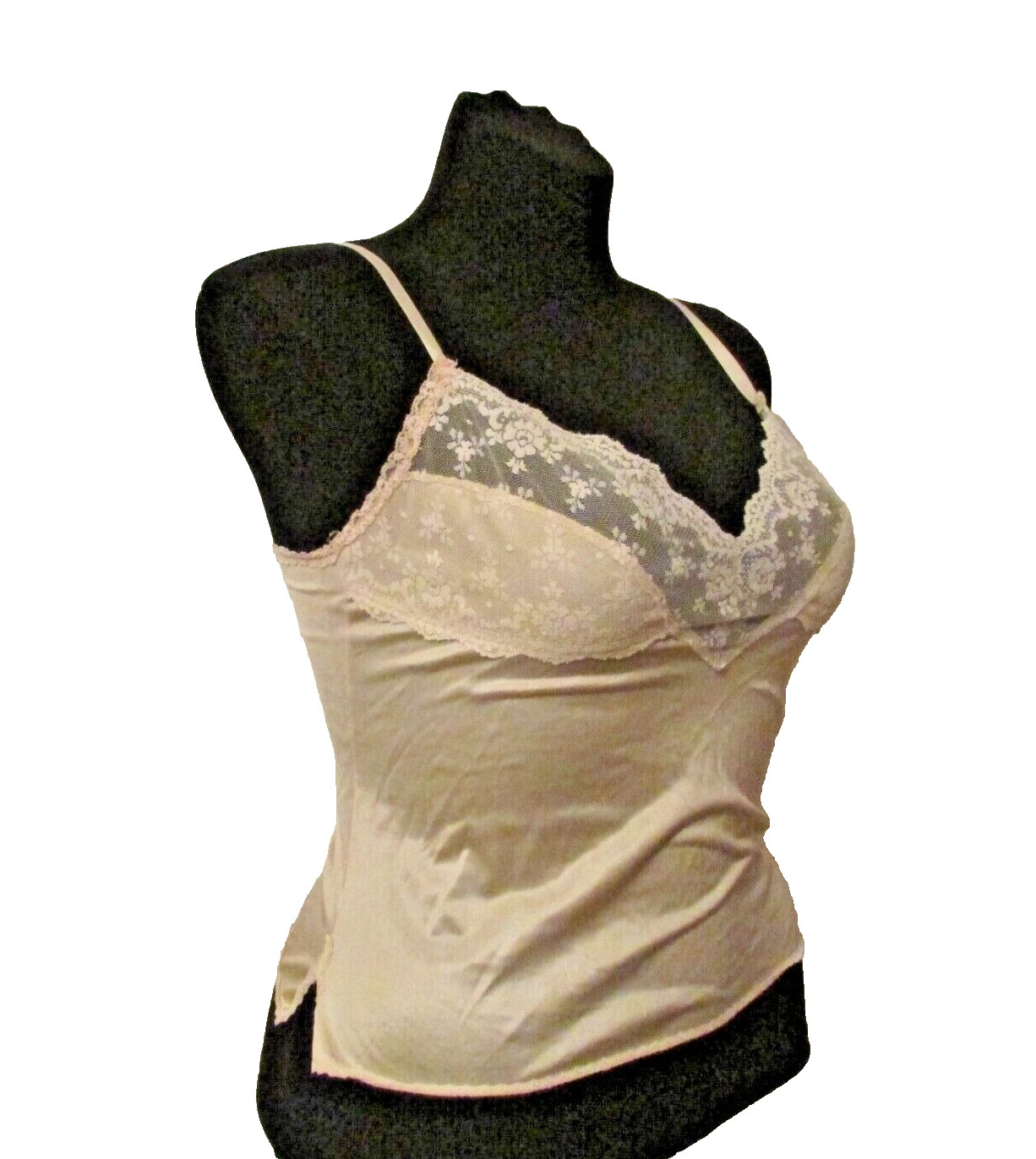 L’eggs 8510 Beige Semi-Sheer Silky Nylon Lace Camisole Cami Slip Top 38 USA made