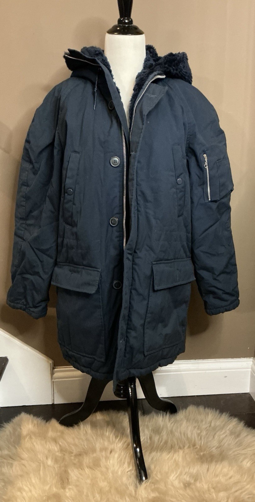 Sears Work Leisure Vintage Blue Faux Fur Lined Hooded Work Coat Heavy Duty