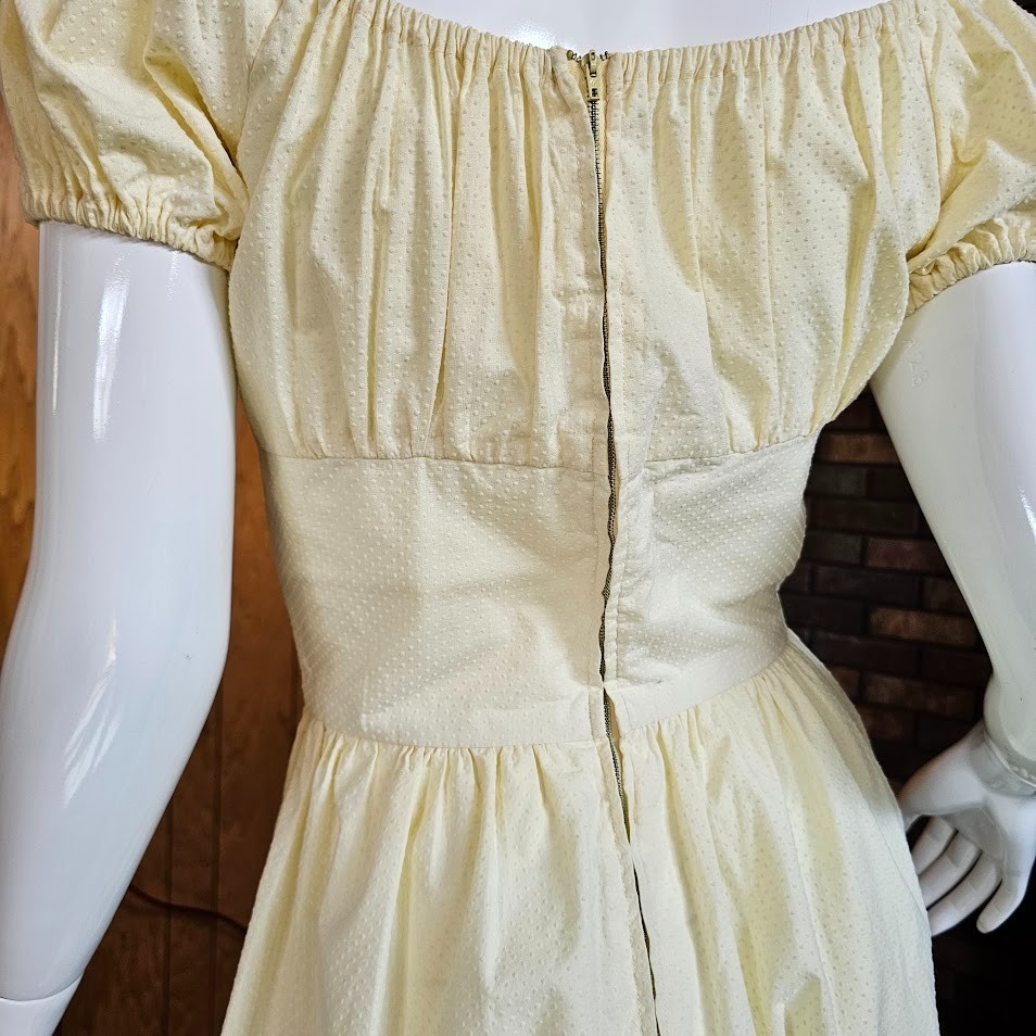 Vtg 1950s Milkmaid Lemon Swiss Dot Circle Skirt Off Shoulder Party Dress XS/S P