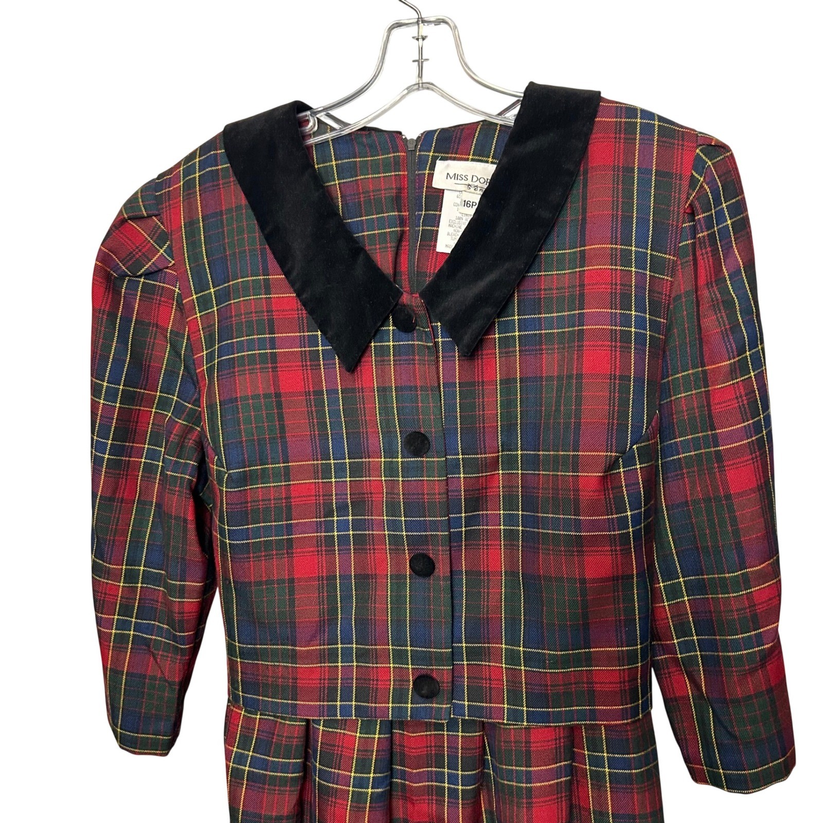 Miss Dorby Vintage Plaid Midi Dress Velvet Collar Red Green 16P Academia