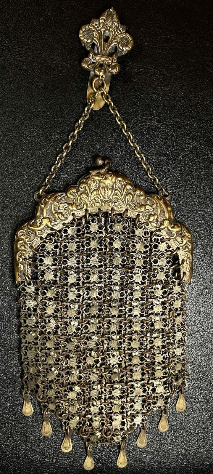 Antique Art Nouveau Brass Mesh Lady Frame & Fleur Di Lis Chained Clip Purse Bag