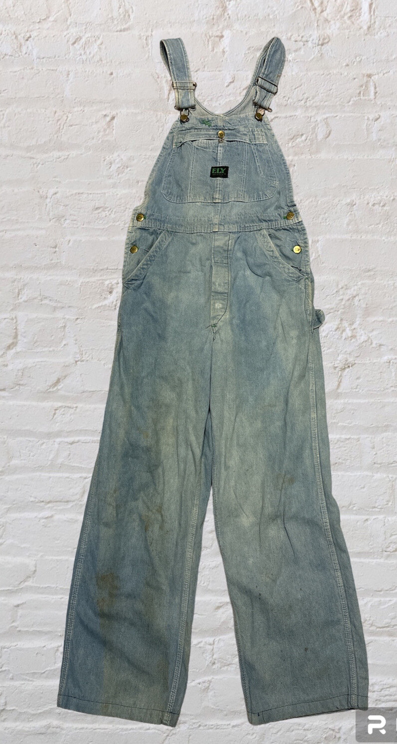 Vintage ELY Light Blue Overalls No Size Tag Distressed Damaged See Photos