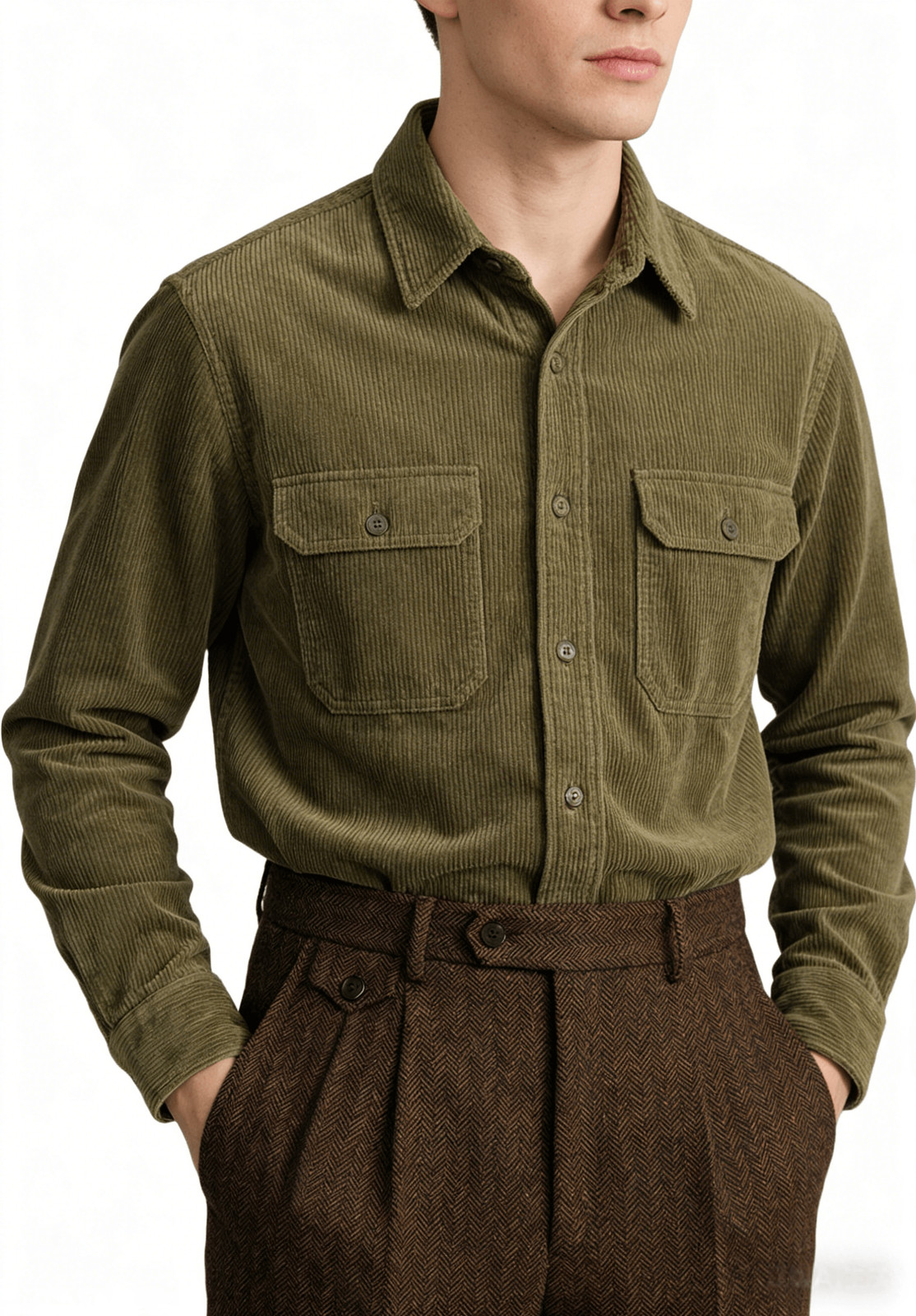 Mens Herringbone Casual Pants Pleated High Waist Trousers for Daily Work Office