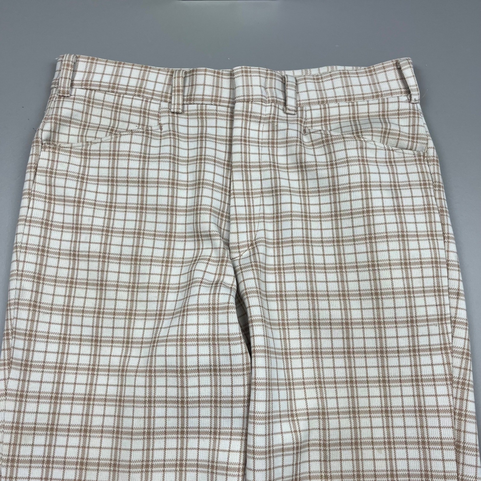 70s Sears Kings Road Trousers Mens 34 Long Tan Plaid Perma-Prest Flared Disco