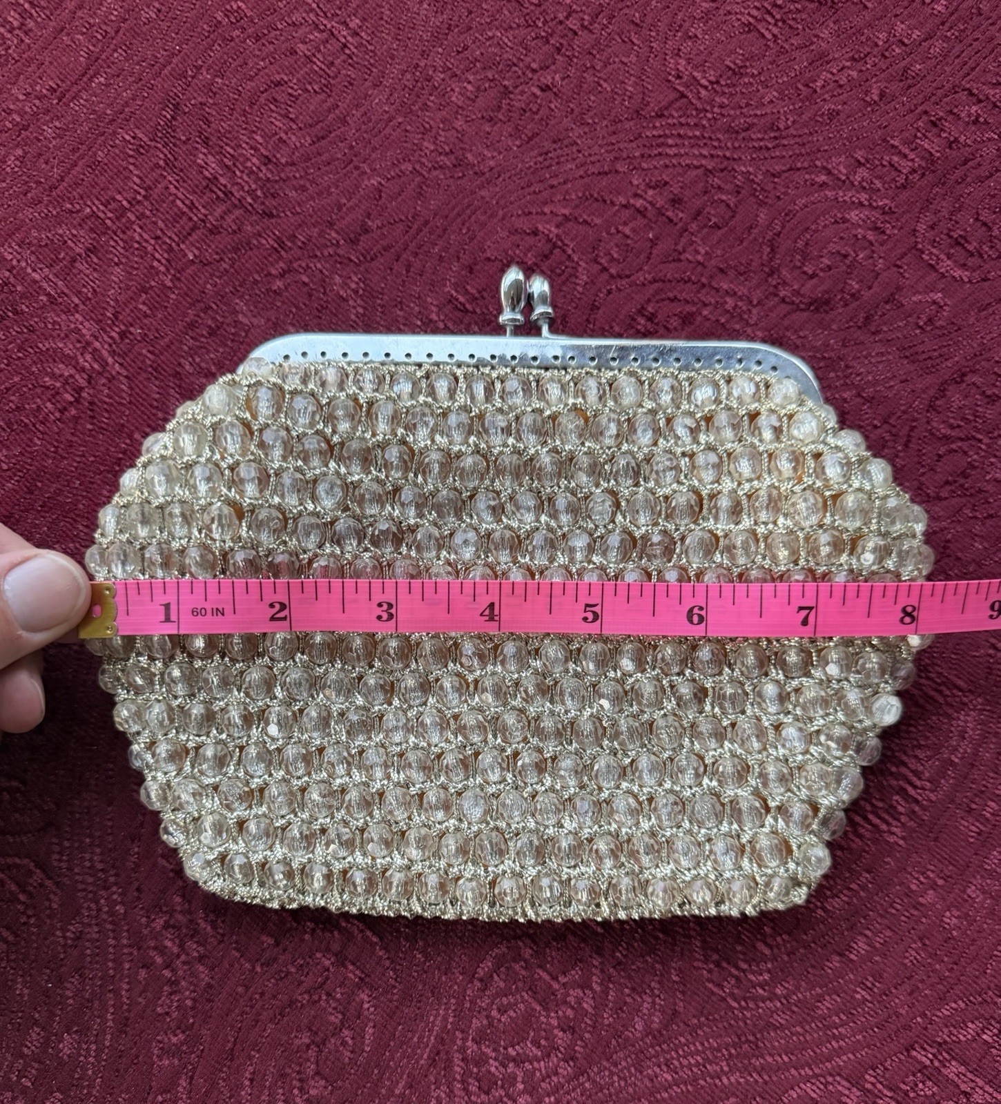 Vintage 1950s 1960s Clear Beaded Kiss Lock Clutch Purse Mid Century Evening Bag