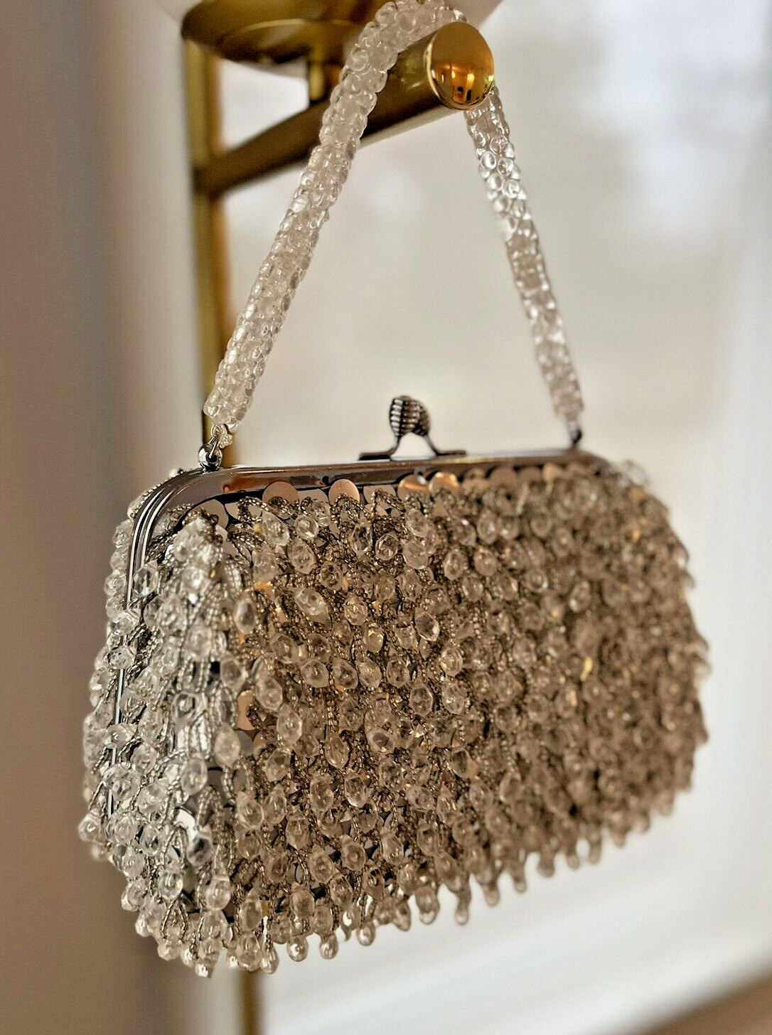 Vtg Beaded HandBag Silver & Clear Evening Purse Hong Kong Prom Wedding 60s 70s