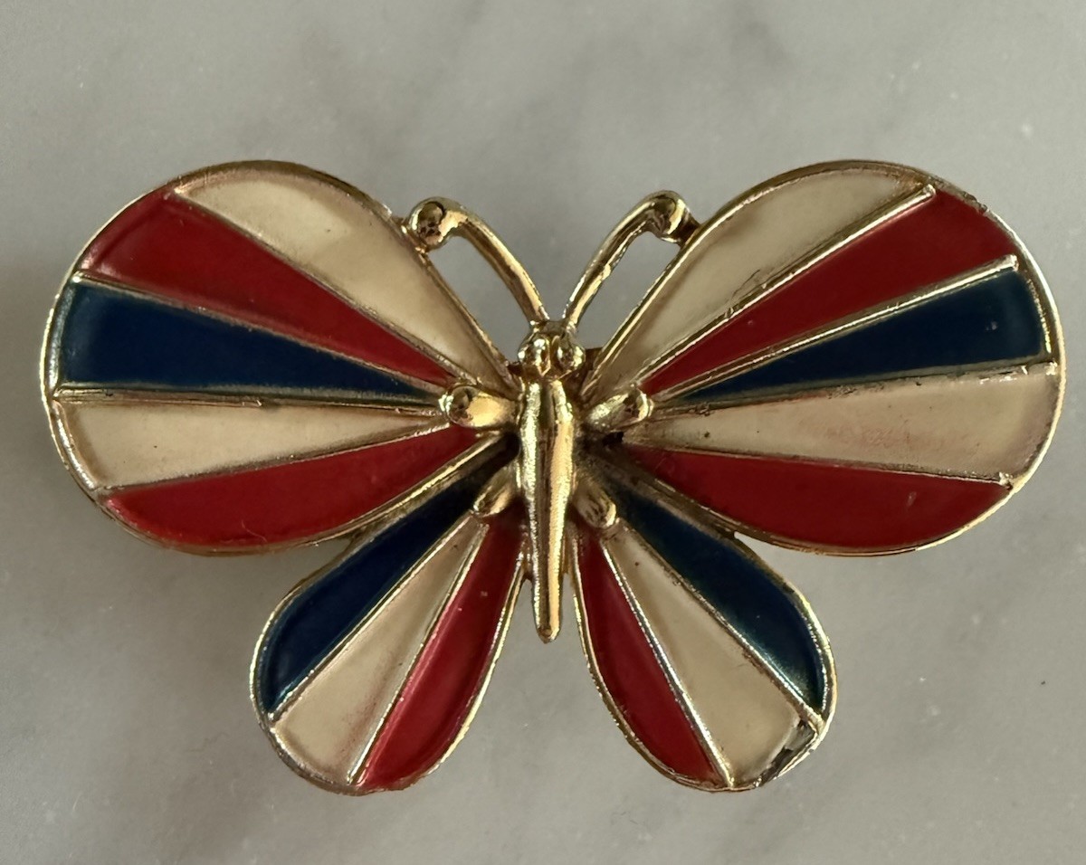 Vintage Enamel Butterfly Hair Clip Barrette Red White Blue